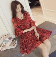 พร้อมส่งจากไทยZASHION ชุดเดรสสไตล์เกาหลีคอวี Trumpet Floral Sleeve V Neck Korean Dress