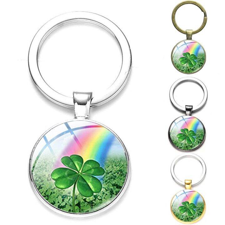 clover-keychain-four-leaf-clover-art-photo-glass-crystal-cabochon-pendant-key-chain-ring-fashion-lucky-jewelry-gift-for-women-key-chains