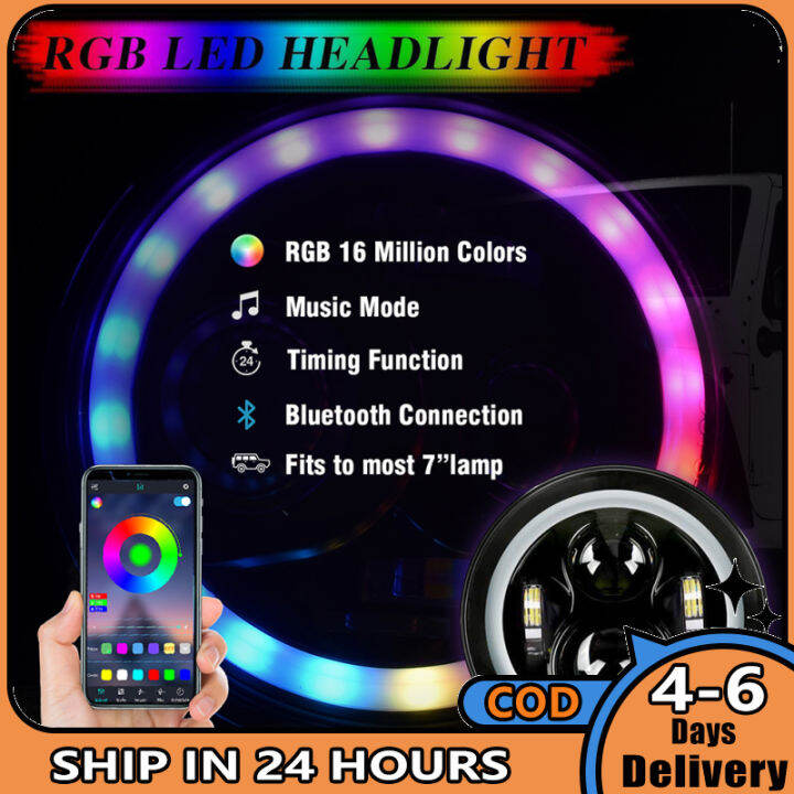 am-ไฟหน้า-led-สำหรับรถยนต์-2ชิ้นขนาด7นิ้ว6000k-rgb-bluetooth-เข้ากันได้กับแอปไฟหน้าใช้ได้กับอะไหล่แต่ง-wrangler