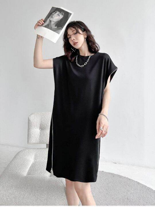 xitao-dress-black-casual-loose-zipper-t-shirt-dress