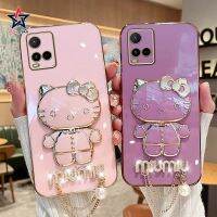 เคสด้านหลังป้องกันการกระแทกสำหรับ VIVO Y16 Y35 Y02S Y76 Y77 5กรัม Y100 Y77E 3มิติลาย Hello Kitty เมคอัพกระจกกรณีพร้อมขาตั้งที่วางประดับมุกนิ่ม