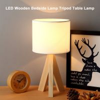 LED Wooden Bedside Lamp Tripod Table Lamp Vintage White Linen Lampshade for Bedroom Living Room E27 Socket(Bulb Not Included)