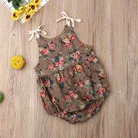 Baby Girls Floral Print Shoulder Strap Sleeveless Button Romper