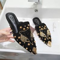 【CW】 Shoe Fashion String-bead Pointed Rhinestone Rivet Flat Slippers Slip-On Mules Sandals Slides Ladies Shoes