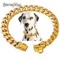 【JCHEN pet supplie】Benepaw สร้อยคอลิงก์คิวบาโลหะสีทองแข็งแรงโซ่สุนัขสเตนเลส,ปลอกคอสัตว์เลี้ยงสำหรับสุนัขและแมวขนาดกลางหนา14มม.