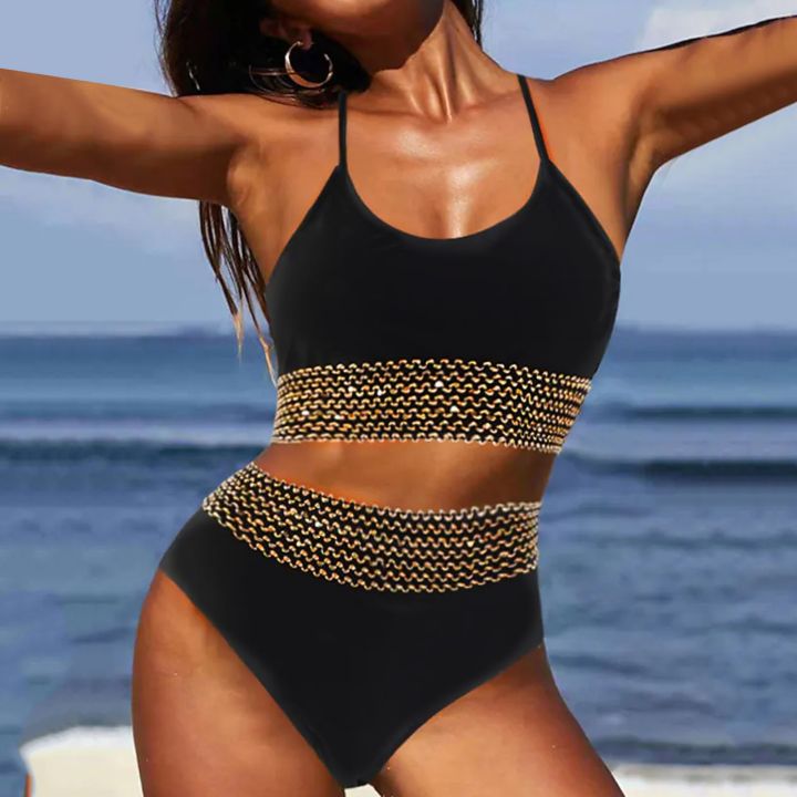 gongdong413376 Bikini Set For Women Plus Size Bathing Suit Tank Swimsuit  Mid Waist Deep V Neck Wide Straps Mesh Back Hook