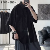 EERSHENSHI เสื้อเชิ้ตแขนสั้นผู้ชาย เสื้อเชิ้ตหลวมและเบาสไตล์วรรณกรรมมีกระเป๋า