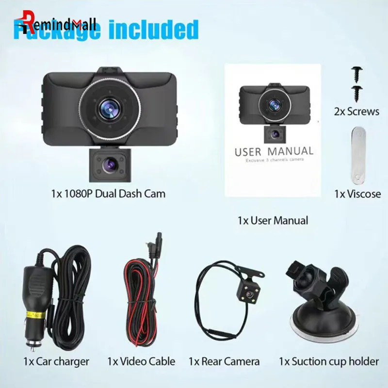 Car Dash Cam Front And Rear Inside 3 Camera Hd 1080p 170° Dvr