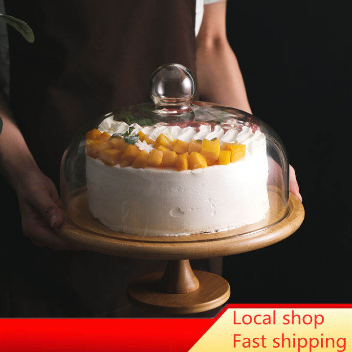 Kitchen Plus Bamboo Cake Stand with Glass Lid Glass Dome w/ Wooden