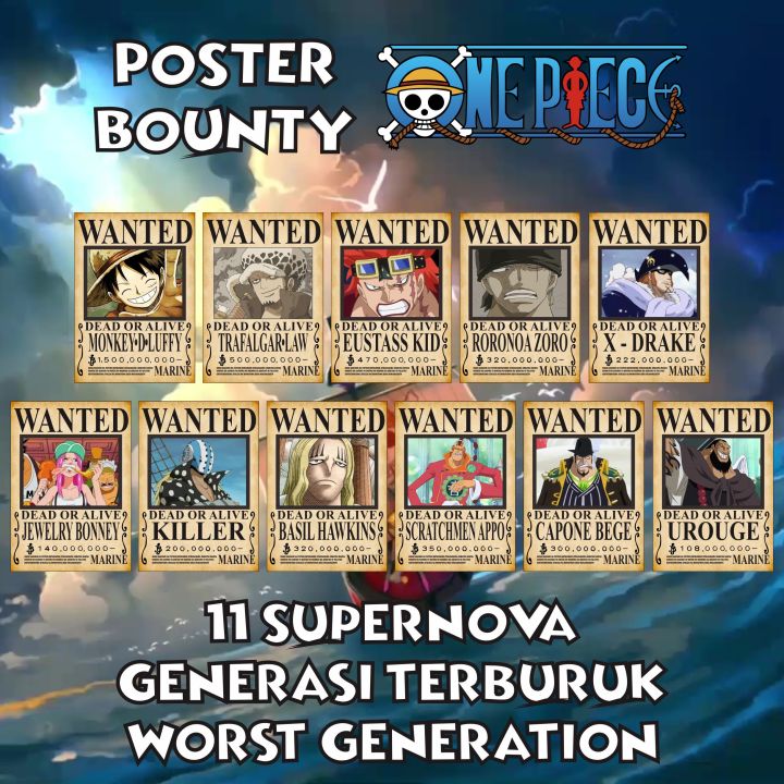 Poster Bounty Anime One Piece 11 Supernova Generasi Terburuk Worst Generation Ukuran A4 Hd 0175