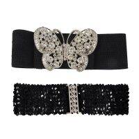 2 Pcs Women Rhinestones Accent Butterfly Hook Buckle Black Elastic Cinch Waist Belt - 56x7cm &amp; 58x5cm