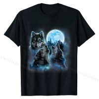 เสื้อยืดสามหมาป่า Howling ภายใต้ Icy Full Moon,หมาป่าสีเทาใหม่ด้านบนเสื้อยืดเสื้อผ้าฝ้ายแฟชั่น