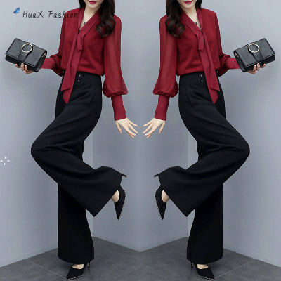 HuaX 2Pcs ผู้หญิงฤดูร้อนชุดลำลองแฟชั่นหลวมแขนยาวเสื้อกางเกงขากว้างเสื้อผ้า Set