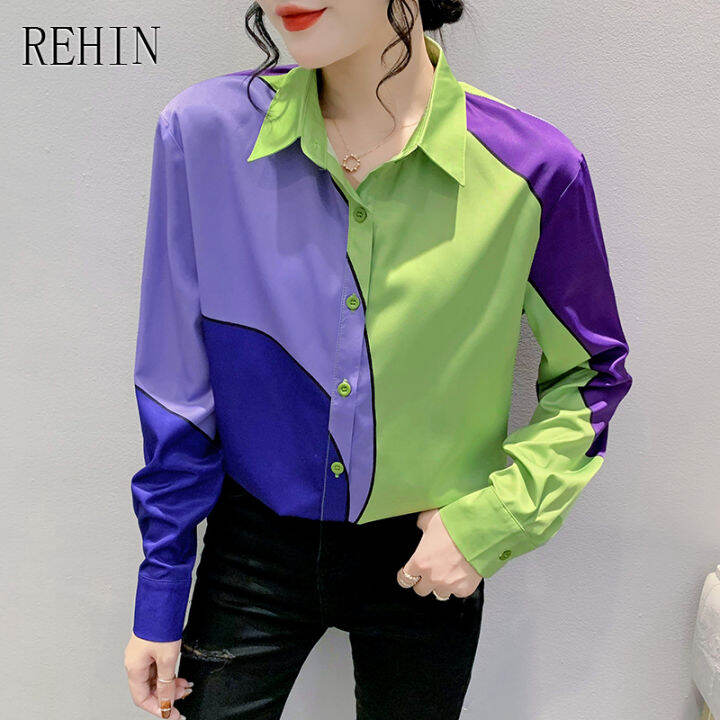 rehin-ผู้หญิงฤดูใบไม้ร่วงและฤดูหนาวใหม่แฟชั่นการพิมพ์เสื้อแขนยาว-clashing-สีหลวม-lapel-เสื้อชีฟองหรูหรา