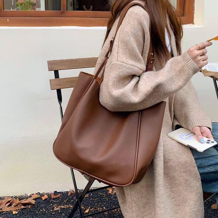 Retro Fashion Women's Simple Big Leather Shoulder Bag Ladies Handbags 2023  2pcs/set New Retro High-capacity Underarm Bag