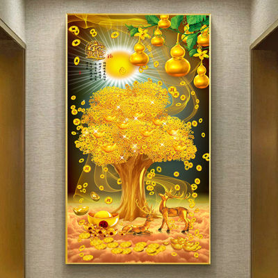 ใหม่ DIY5D ภาพวาดเพชร "ฟอร์จูนต้นไม้เงินต้นไม้" เต็มวงกลมเพชรเย็บปักถักร้อยผนังสติ๊กเกอร์ตกแต่งบ้านงานฝีมือ