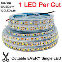 5M 5V DC 2835แถบไฟ LED 60LEDsm 120LEDsm 1 LED ต่อการตัด Pita Fleksibel 5Mm 8Mm PCB IP20 Tiada Kalis Air Panas Natraul สีขาวเย็น