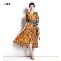 Early Autumn Chiffon Ribbon Printed Dress Long Dress