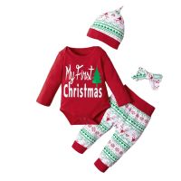 2024 Newborn Baby Boy Girl Clothes Sets My First Christmas Outfits Romper Bodysuit + Pants+ Hat + Headband 4Pcs Pajamas Set