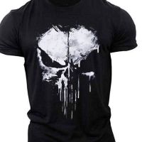 ชุดกีฬาแขนสั้นกลางแจ้งเสื้อยืดพิมพ์ลาย Punisher กะโหลกศีรษะบางและระบายอากาศได้น้ำหนักเบาเสื้อยืดแขนสั้นสำหรับออกกำลังกาย