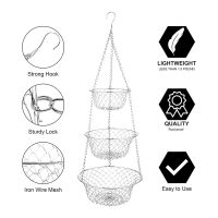 3 Tier Fruit Basket, Vegetable Kitchen Storage Basket Chain Hanging Space Saving Fruits, Plants Storage Basket