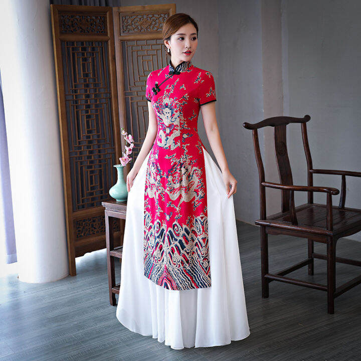 เวียดนาม-ao-dai-cheongsam-ชุดยาว2022มารยาทจีนปรับปรุงทุกวันแม่-cheongsam-แขนสั้นผู้หญิง