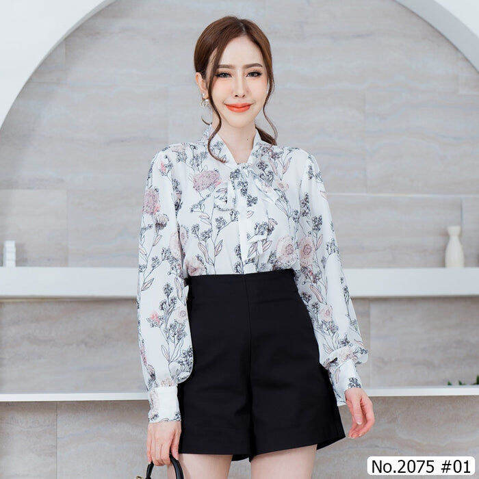 เสื้อทำงาน-maristar-no-2075-เสื้อแขนยาวพิมพ์ลาย-printed-long-sleeve-blouse