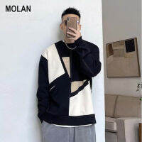 MOLAN เสื้อสเวตเตอร์แบบสวมหัวสำหรับผู้ชาย,เสื้อดีไซน์หลวมเสื้อกันหนาวแฟชั่นเย็บปะต่อคอกลมเสื้อเทรนด์ลำลองของผู้ชาย