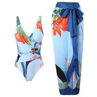 2023 New 2pcs/set Beach Swimwear Retro Swimming Bikini Suit One-piece Beach Suit Conservative Skinny Tight Swimsuit Thin Flower Print Gauze Skirt One-piece Bikini