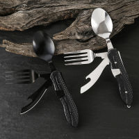 Multitool Outdoor Camping Utensils แบบพกพาสแตนเลสพับช้อนส้อมมีดที่เปิดขวด Combo Set Cutlery