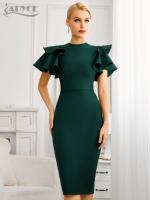 【YF】 Adyce New Summer Green O Neck Midi Bandage Dress For Women 2023 Sexy Ruffles Short Sleeve Hot Celebrity Club Evening Party