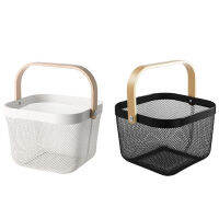 2 Pcs Candy Colors Storage Basket Wood Handle Fruit Vegatable Basket Etal Mesh Storage Bag Basket Organizer