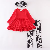 Girlymax Fallwinter Baby Girls 3 pieces Scarf Children Red Cow Print Cotton Milk Silk Outfit Boutique Pants Set Kids Clothing