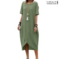 COD DSTGRTYTRUYUY ZANZEA Women Casual Short Sleeve Plain Irrregular Hem Knee Length Beach Mini Dress