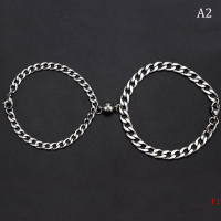 ?FJ? 2pcs Punk Silver Color Chain Couple Bracelet For Women Stainless Steel Romantic Magnet Men Paired Things Fashion Jewelry Pulsera