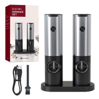 USB Rechargeable Electric Salt And Pepper Grinder Set Base Charging Stainless Steel Automatic Pepper Mill Spice Grinder With LED