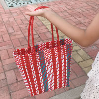 Casual Wicker Woven Striped Women Handbags Handmade Rattan Shoulder Bags Summer Beach Straw Basket Bag Large Capacity Tote