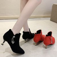 HOT★2022 Autumn High Heels Women Boots Flock Booties Side Zip Fashion Ankle Boots Plus Plush Dress Boots Woman Black Botas Mujer