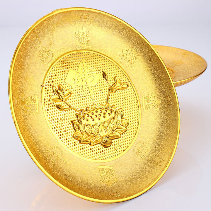 7-inch-gold-plastic-fruit-plate-noble-buddhist-worship-deities-tray-buddhist-ceremony-noble-money-and-treasure-sacrificial-tray