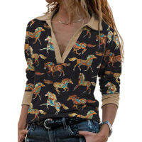 2021 Spring Casual V Neck Horse Print Loose T-shirt for Women Turn-down Collar Animal Fashion Long Sleeve Tops