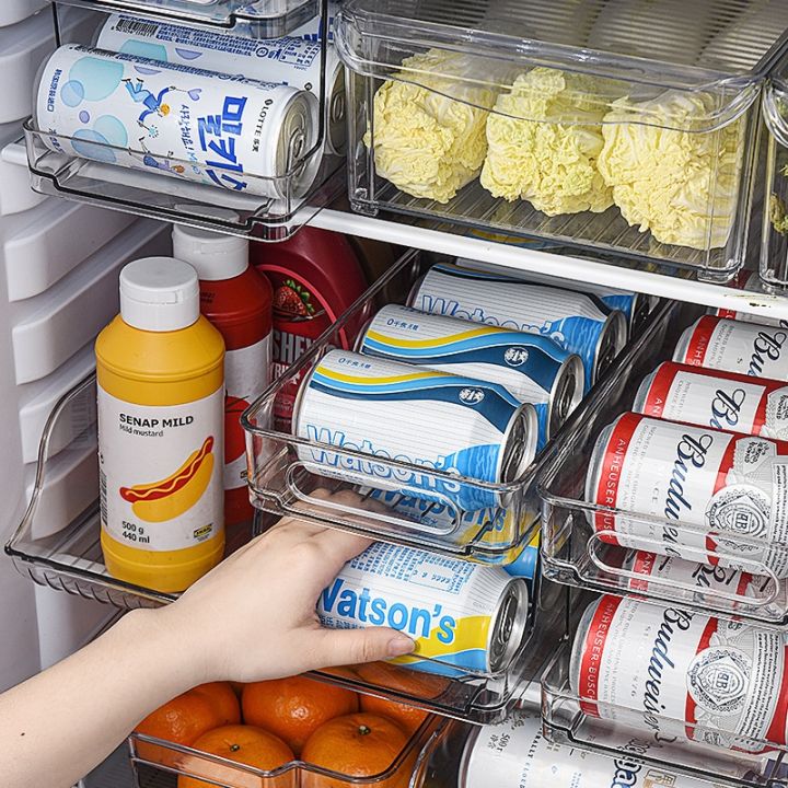 kitchen-fridge-organizer-pull-out-double-layer-can-storage-box-transparent-self-rolling-beverage-storage-rack-kitchen-items
