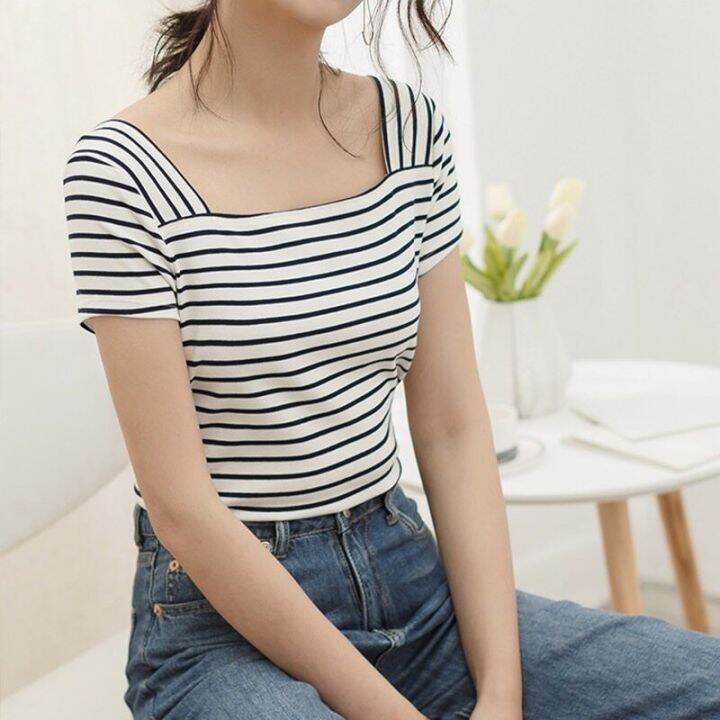 may-shopรุ่น-319-สไตล์เกาหลีรุ่นใหม่หลวมและบางแนวโน้มขนาดใหญ่เสื้อยืดแขนสั้นผู้หญิงลายทางในฤดูร้อน-bottoming-พร้อมส่ง