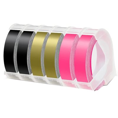 6 Roll Label Tape Replacement for Dymo Plastic 3D Embossing Label Tape 9mm Self-Adhesive Label (Black/Gold/Pink)