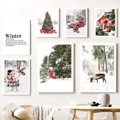 ภาพวาดผ้าใบภาพทิวทัศน์ฤดูหนาว-หิมะ,รถสีแดง,สน,โปสเตอร์ของขวัญต้นคริสต์มาสและการพิมพ์-การตกแต่งห้องนั่งเล่นที่บ้าน