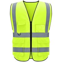 Reflective Safety Vest High Visibility Night Work Security sleeveless Yellow Vest Construction Workwear Zipper Pockets Adults