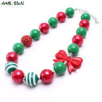 MHS.SUN Christmas Fashion kids baby chunky bubblegum beads necklace 1pc handmade red bowknot chain necklace jewelry girls gift