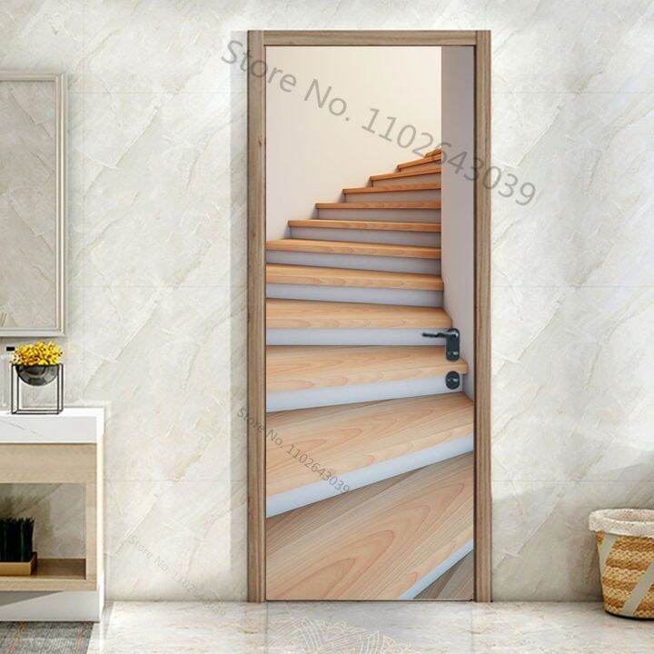 custom-size-3d-staircase-steps-door-stickers-self-adhesive-waterproof-modern-scenery-home-room-door-wrap-mural-cover-wallpaper