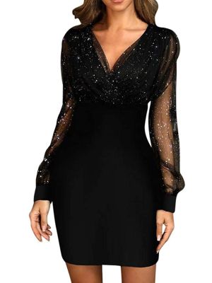 Women s Evening Dress Mesh Long Sleeve Sequin Embellished V-Neck Slim Cocktail Party Sheath Dresses