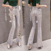 Flare Pants Women New  Summer Autumn Skinny Denim Jeans Pants Pearls 3D Flower Embroidery Sequined Long Pants Trousers