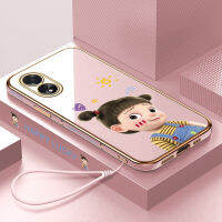 เคสใส่โทรศัพท์สำหรับ A18 OPPO ฟรีสายคล้อง A38 + การ์ตูนน่ารักแฮปปี้เกิร์ลขอบสี่เหลี่ยมลวดลายเคสโทรศัพท์ชุบเคลือบหรูหราเคสโทรศัพท์นิ่ม